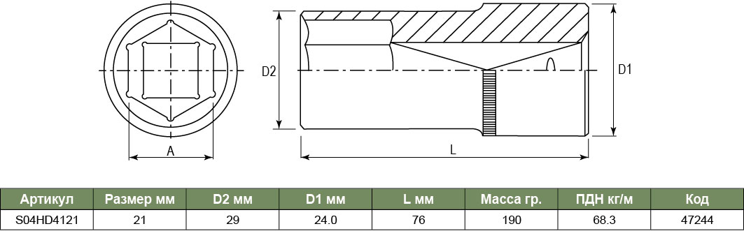 S04HD4121 Торцевая головка глубокая 1/2DR, 21 мм  047244, фото 1